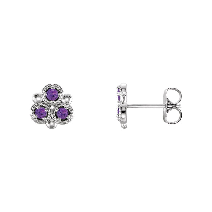 14K White Gold or Platinum round natural amethyst three-stone stud earrings
