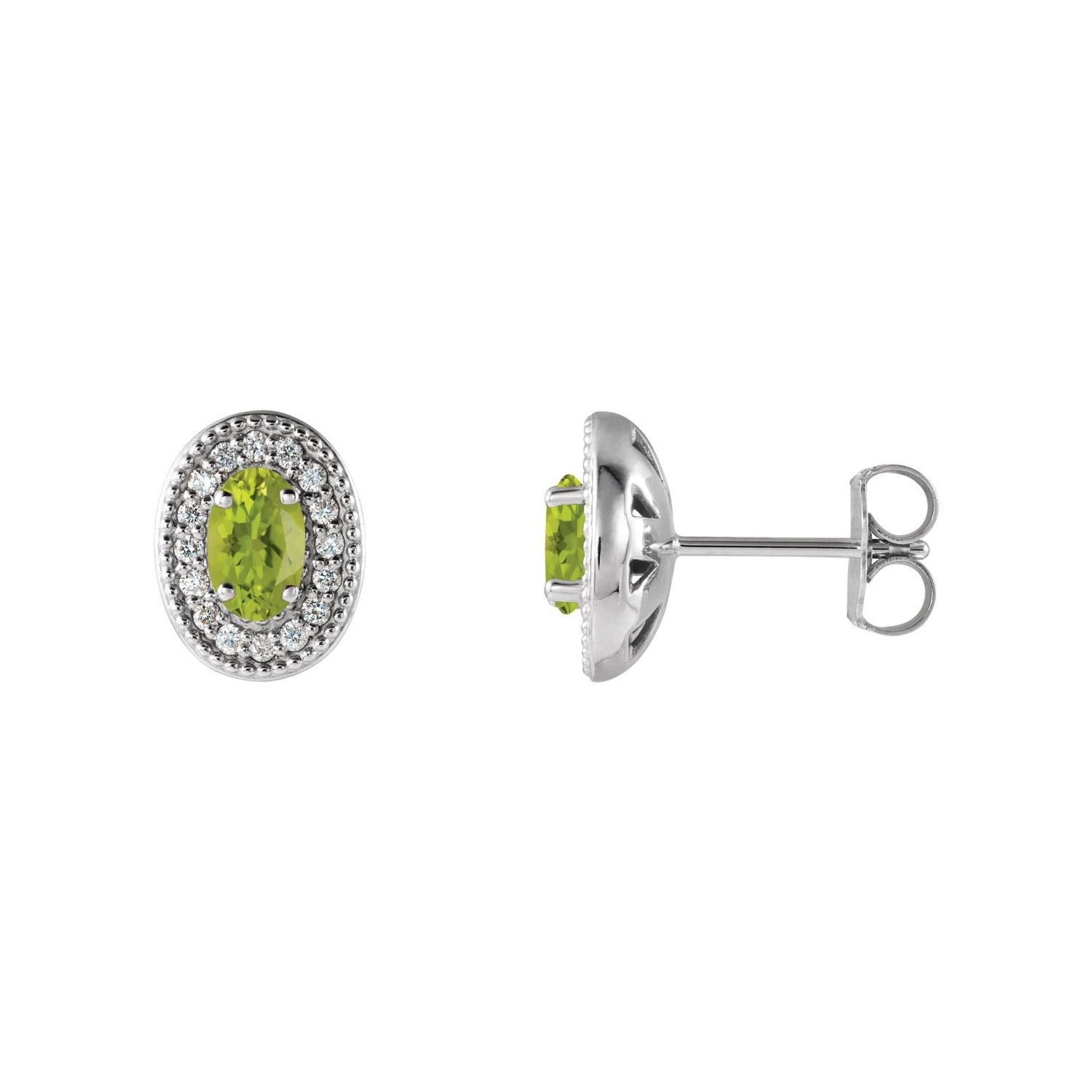 14K White Gold or Platinum oval natural peridot halo stud earrings with 1/8 ct diamond (5x3 mm)