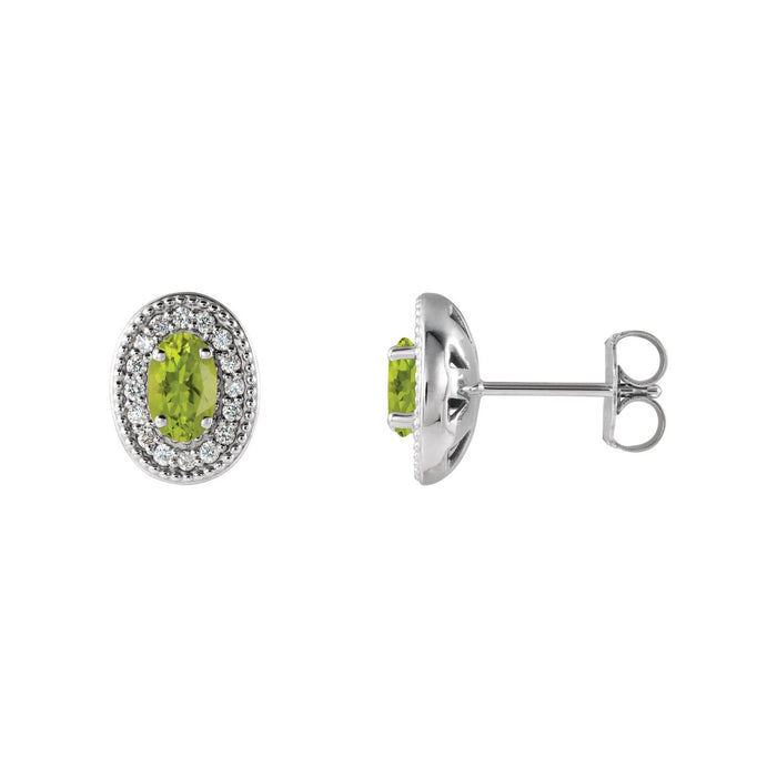 14K White Gold or Platinum oval natural peridot halo stud earrings with 1/8 ct diamond (5x3 mm)