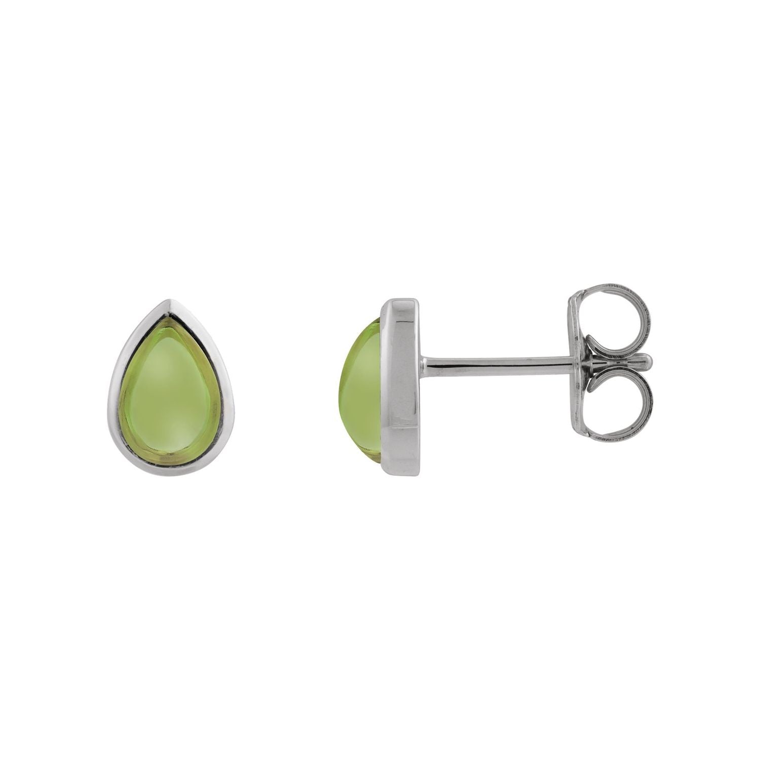 14K White Gold or Platinum pear cabochon natural peridot bezel stud earrings (6x4 mm)