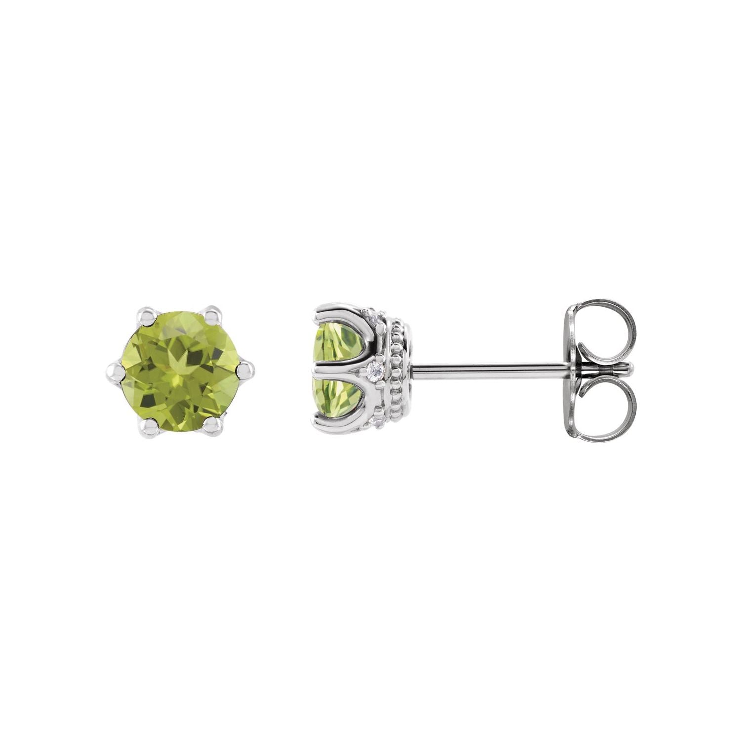 14K White Gold or Platinum round natural peridot crown stud earrings with .03 ct diamond