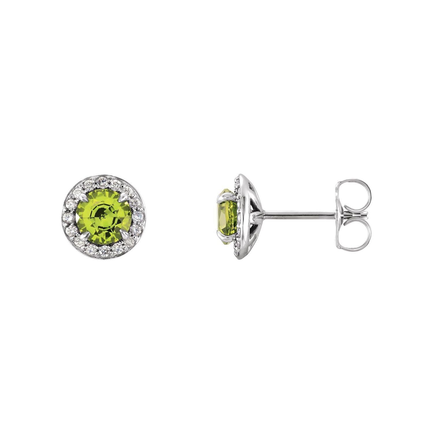 14K White Gold round natural peridot halo stud earrings with 1/8 ct diamond (5 mm)