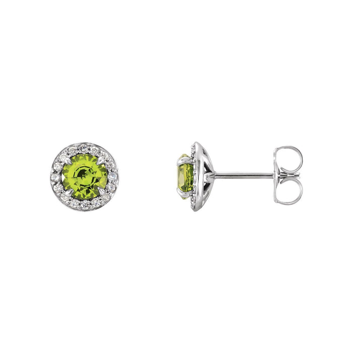 14K White Gold round natural peridot halo stud earrings with 1/8 ct diamond (5 mm)