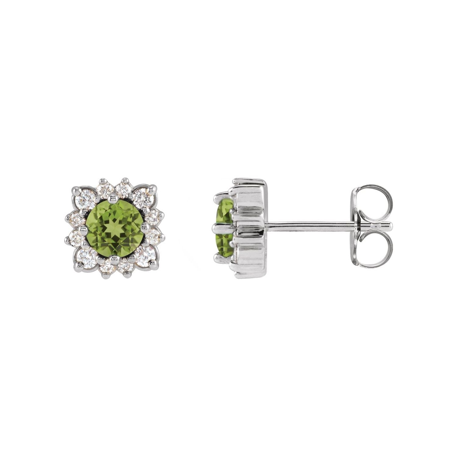 14K White Gold or Platinum round natural peridot halo stud earrings with 1/2 ct diamond