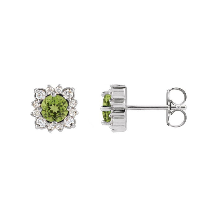 14K White Gold or Platinum round natural peridot halo stud earrings with 1/2 ct diamond
