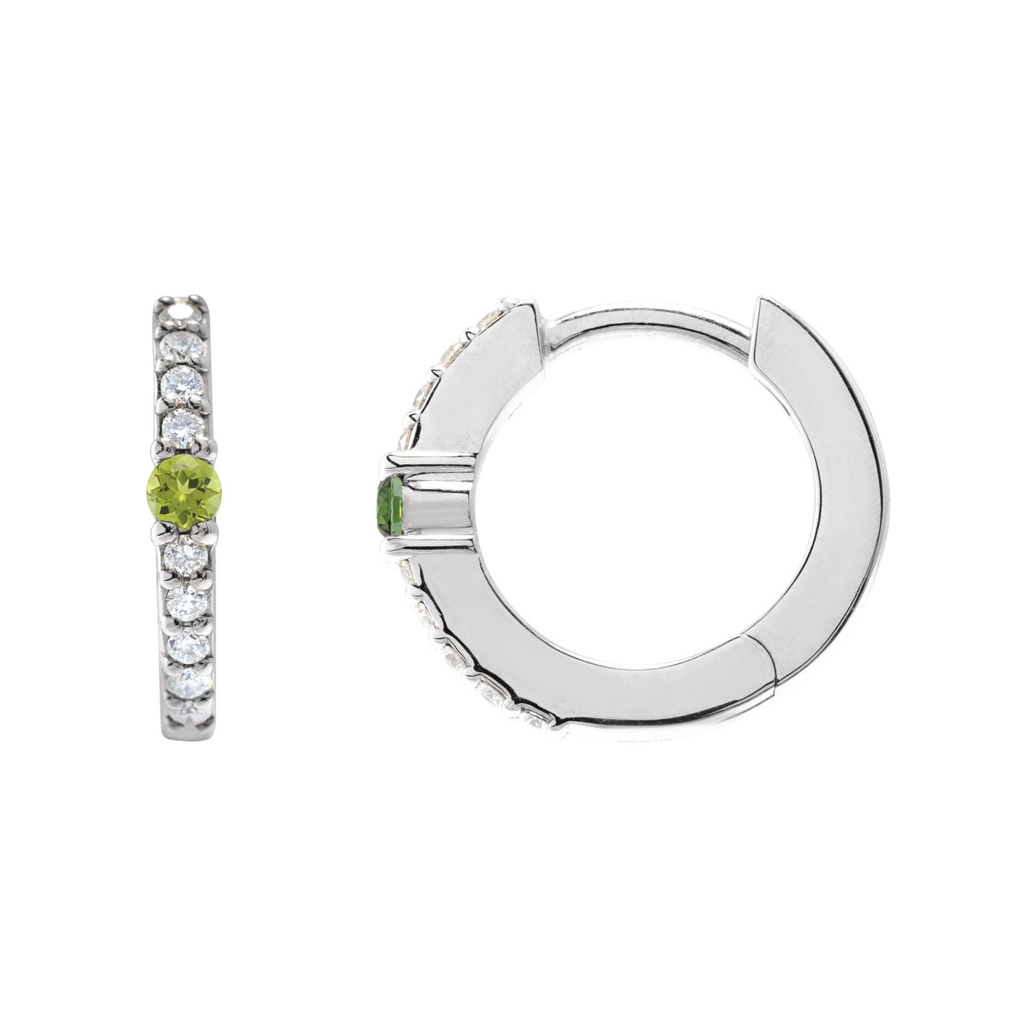 14K White Gold or Platinum round natural peridot and diamond hoop earrings (13.6 mm)