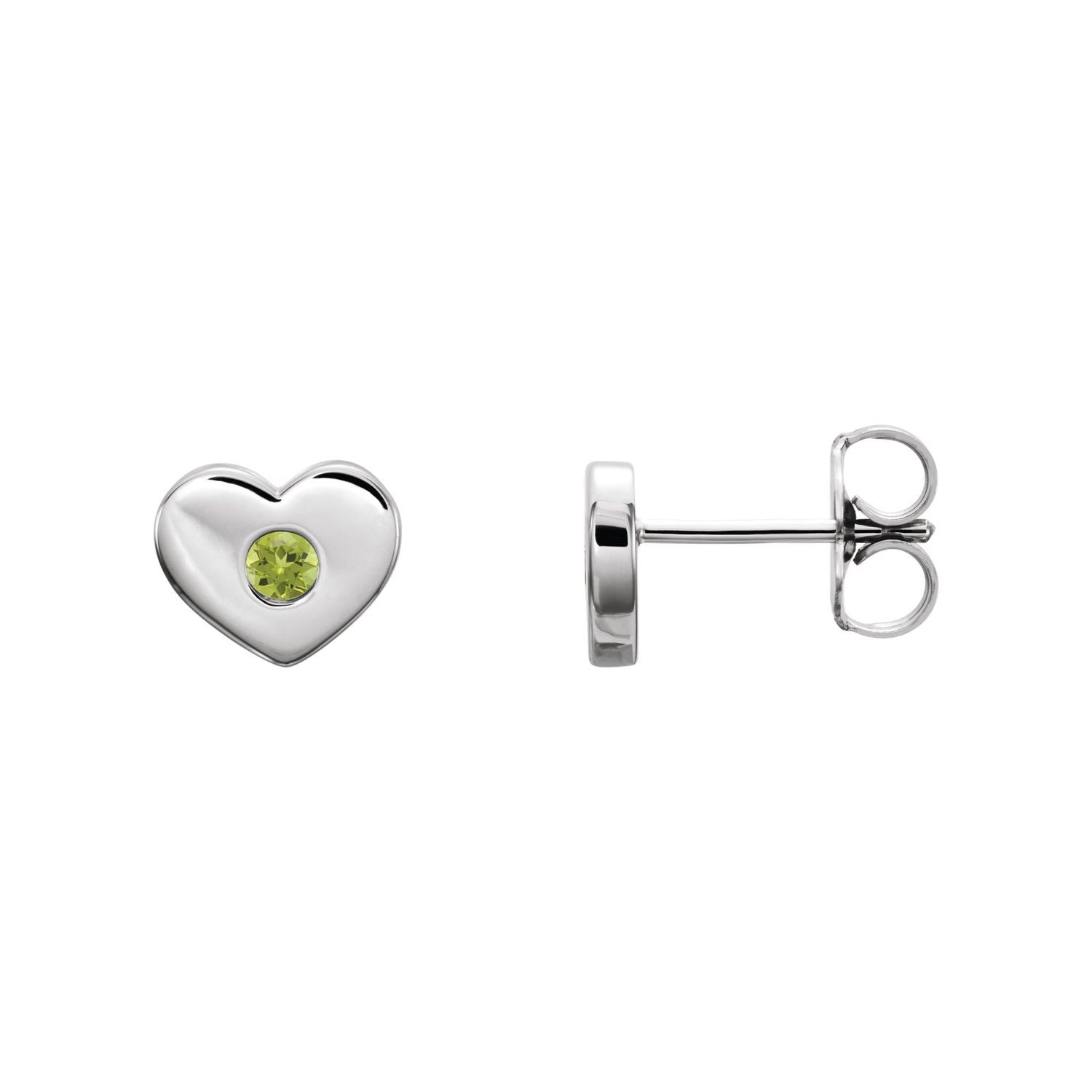 14K White Gold or Platinum round natural peridot heart-frame stud earrings