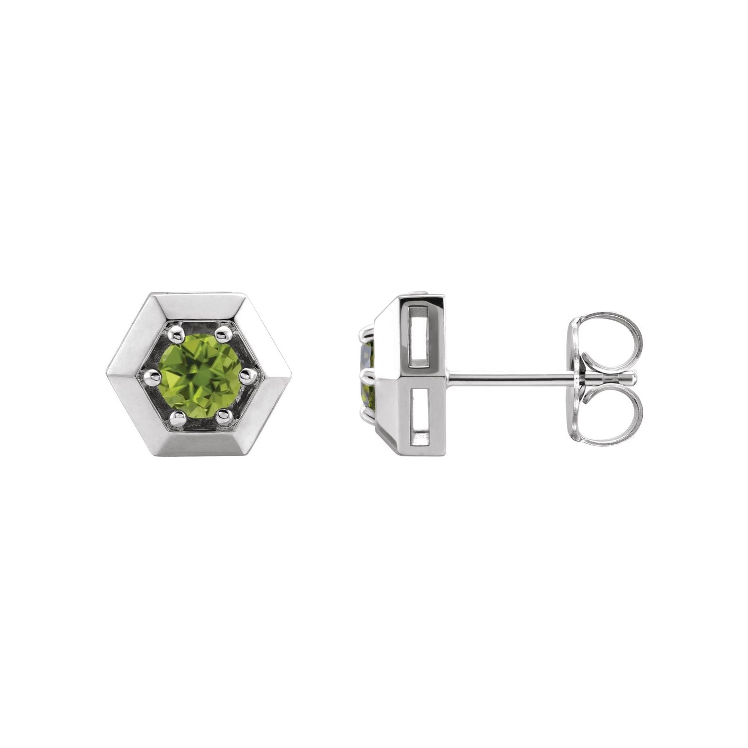 14K White Gold or Platinum round natural peridot hexagonal geometric stud earrings (4 mm)