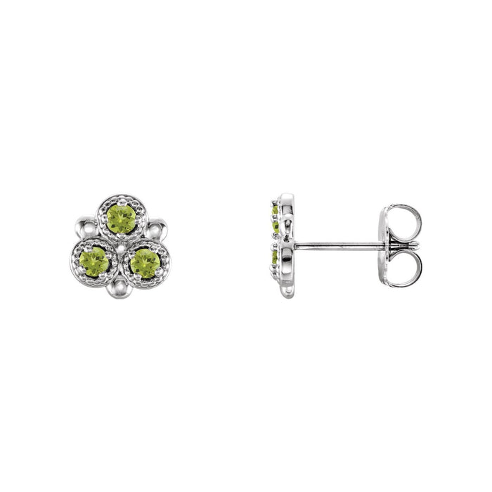 14K White Gold or Platinum round natural peridot three-stone stud earrings