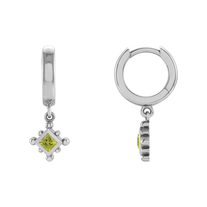 14K White Gold or Platinum square princess-cut natural peridot beaded bezel dangle hoop earrings