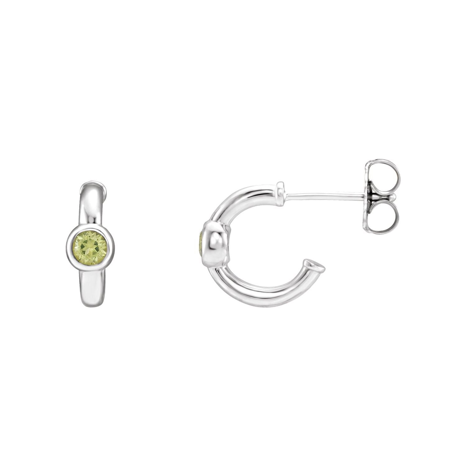 14K White Gold round natural peridot bezel huggie hoop earrings (11 mm)