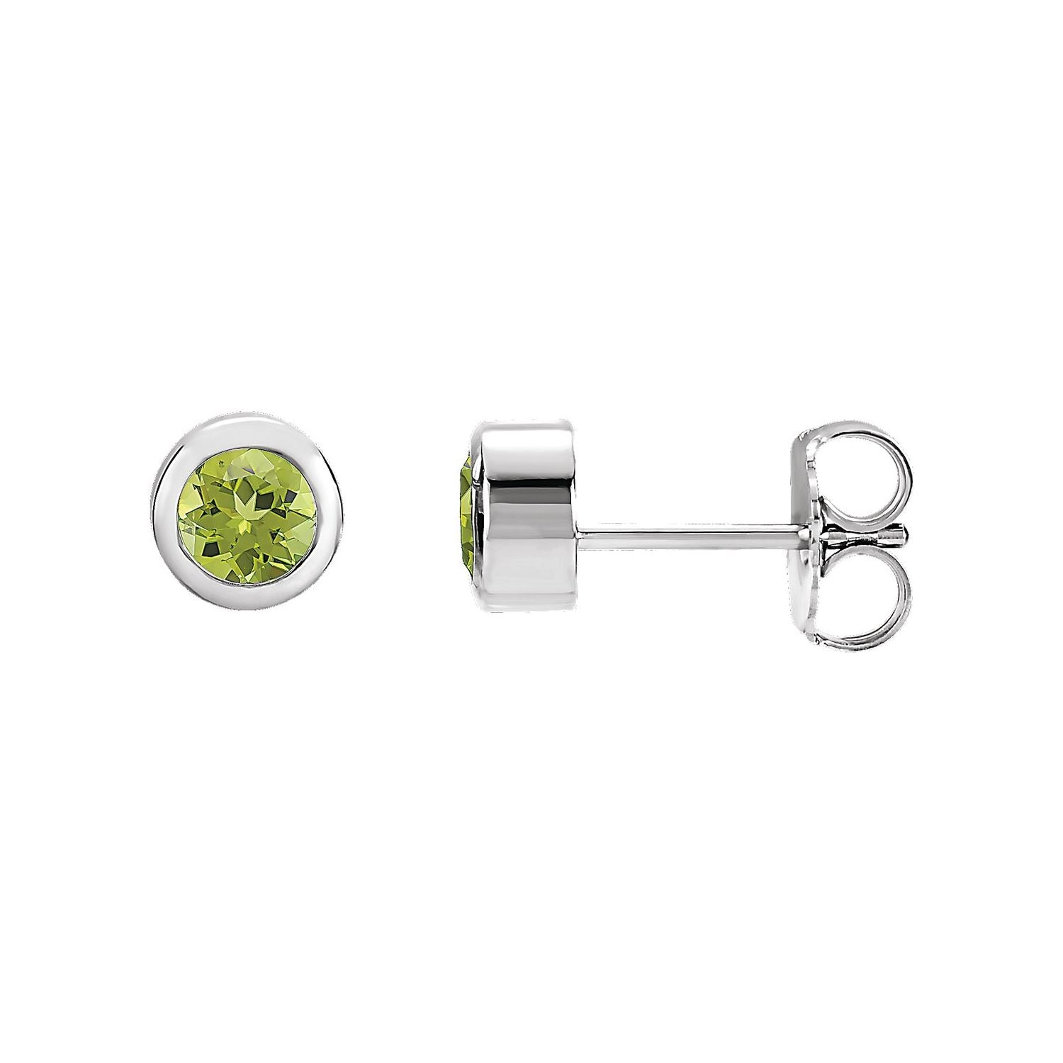 14K White Gold or Platinum round natural peridot bezel stud earrings (4 mm)