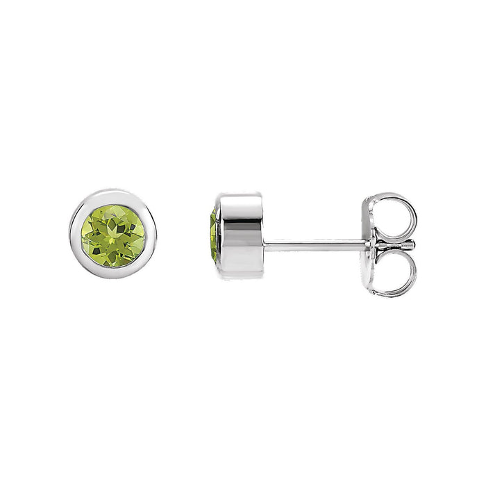 14K White Gold or Platinum round natural peridot bezel stud earrings (4 mm)