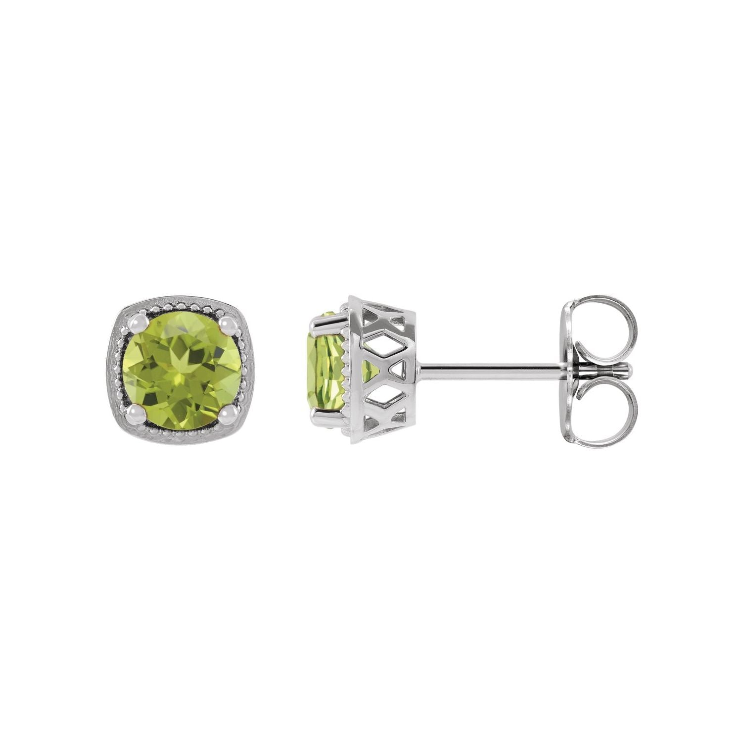 14K White Gold round natural peridot stud earrings (6 mm)