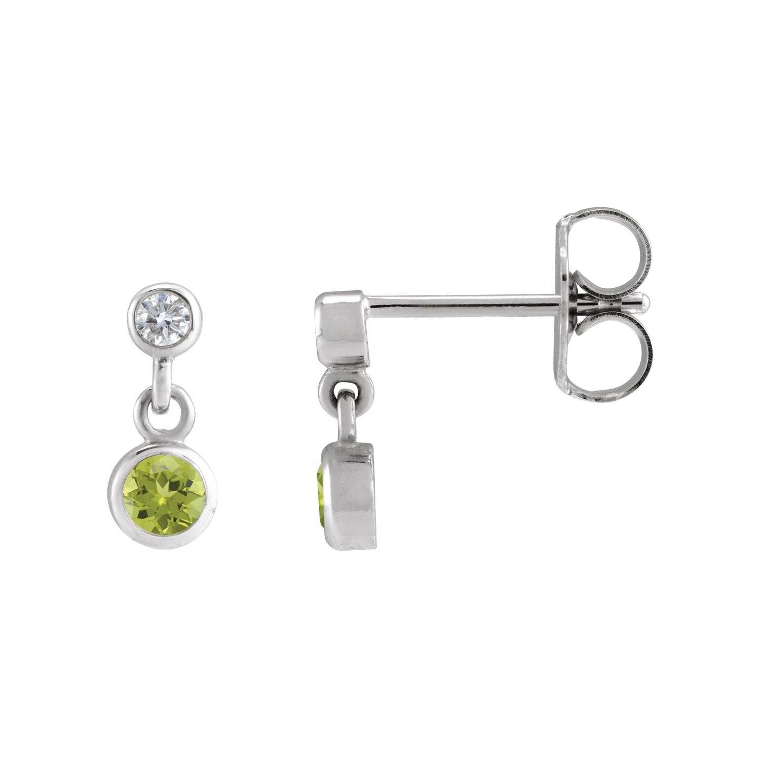 14K White Gold or Platinum two-stone natural peridot and diamond drop earrings