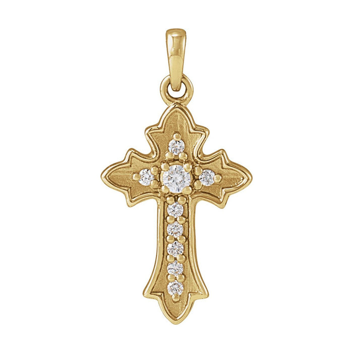 14K Yellow Gold fleury cross with a raised border and bead-set diamonds — Bordered Fleury Diamond Cross Necklace, pendant shown without its chain