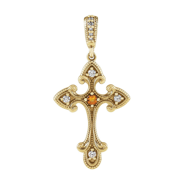 14K Yellow Gold milgrain fleur-tipped cross with citrine centre — Citrine and Diamond Cross Necklace, pendant shown without its chain