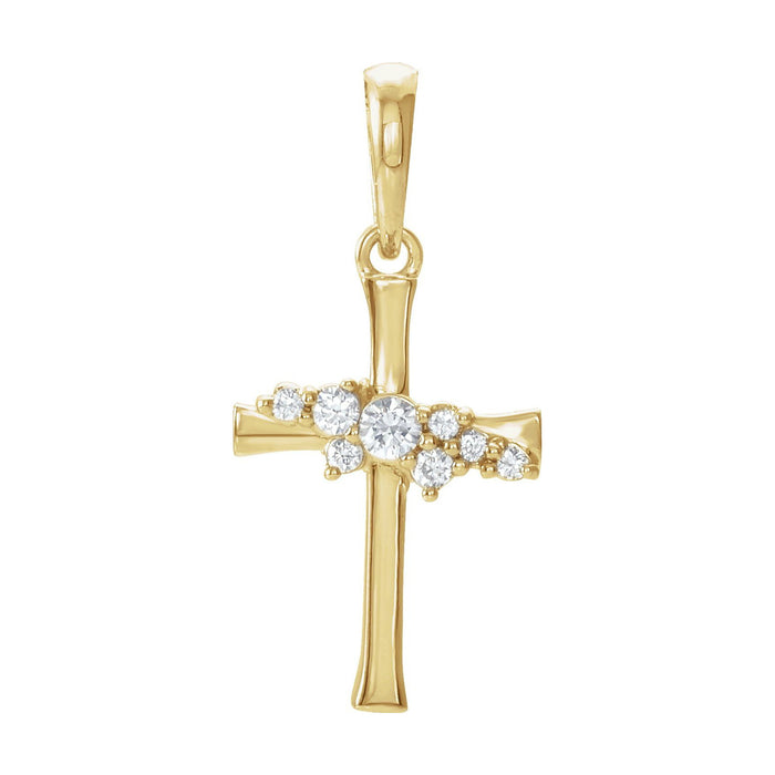 14K Yellow Gold slim tapered cross with a graduated prong-set diamond cluster — Diagonal Cluster Diamond Cross Necklace, pendant shown without its chain