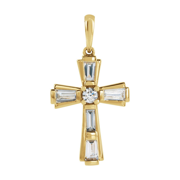 14K Yellow Gold starburst cross — Flared Baguette Diamond Cross Necklace, pendant shown without its chain