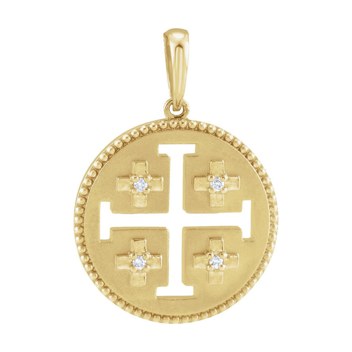 14K Yellow Gold beaded-rim disc medallion with pierced Jerusalem cross — Jerusalem Cross Medallion Necklace, pendant shown without its chain