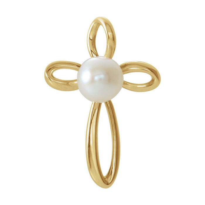14K Yellow Gold open-loop cross with cultured pearl centre — Looped Pearl Cross Necklace, pendant shown without its chain