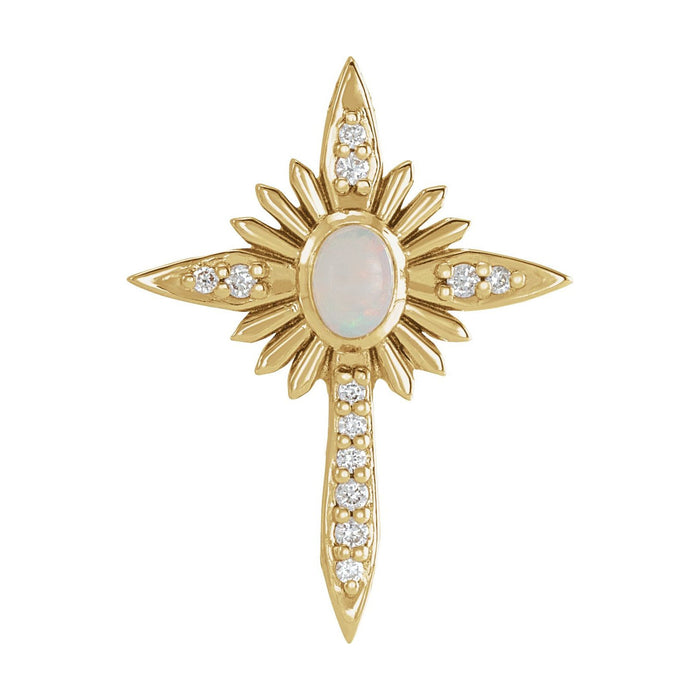 14K Yellow Gold radiant nativity cross with oval opal centre — Opal Nativity Cross Necklace, pendant shown without its chain