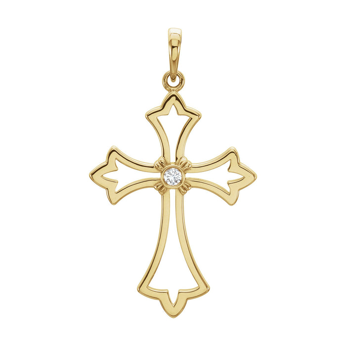 14K Yellow Gold open-outline fleury cross with pierced voids and a star-set diamond — Open Fleury Cross Necklace, pendant shown without its chain