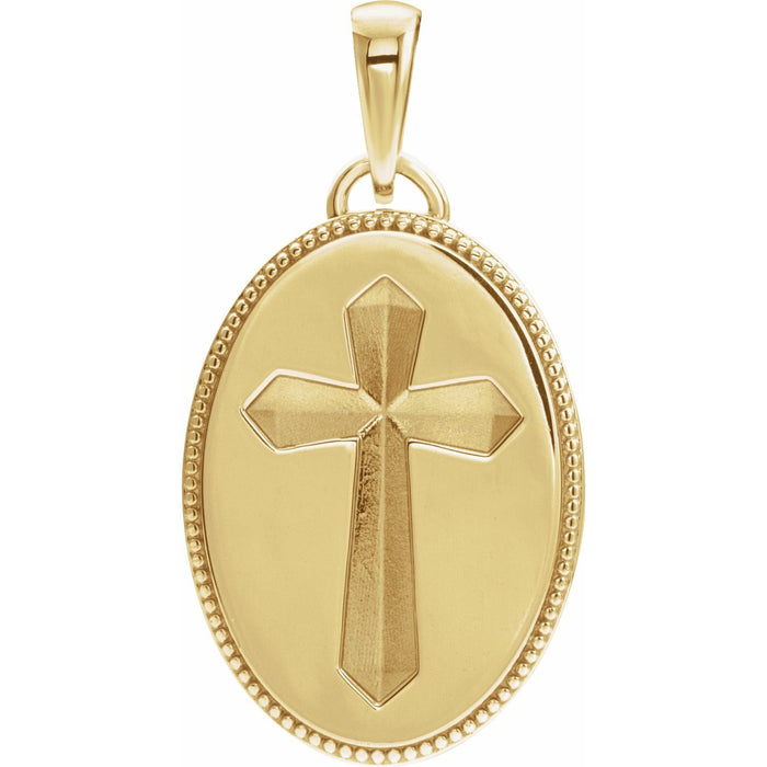Oval Medal Gold Cross Necklace pendant in 14K Yellow Gold, shown without its chain
