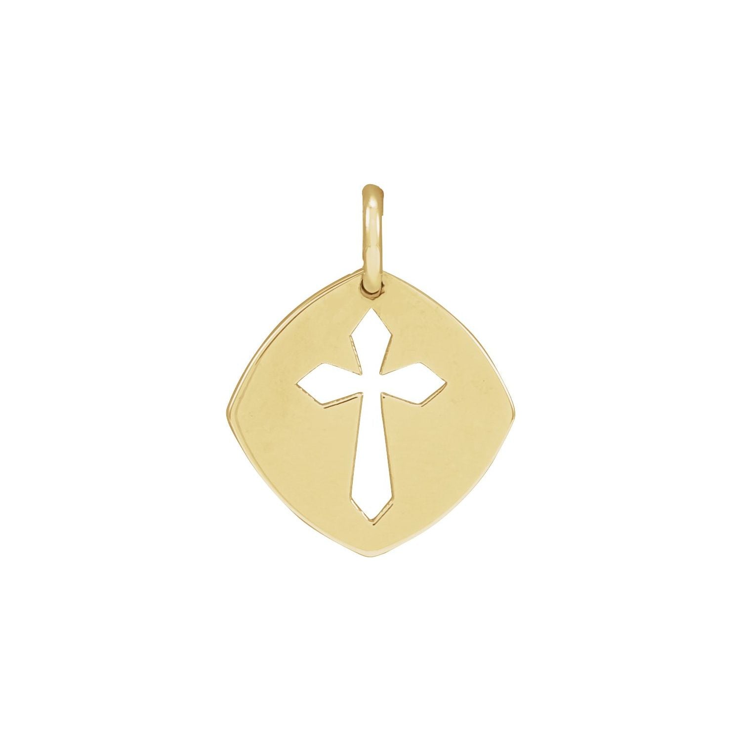 Pierced Cushion Gold Cross Necklace pendant in 14K Yellow Gold, shown without its chain