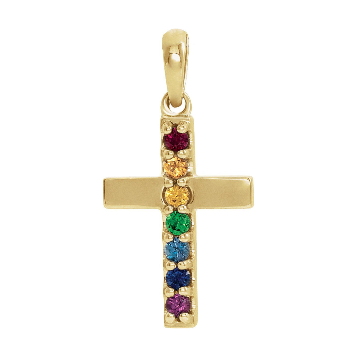 14K Yellow Gold polished cross with a row of bead-set natural coloured gemstones — Rainbow Gemstone Cross Necklace, pendant shown without its chain