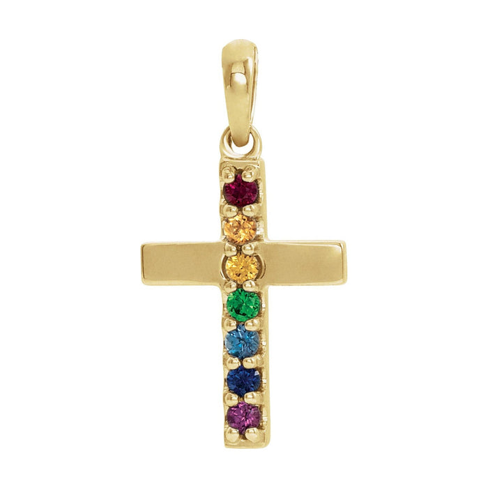 Rainbow Gemstone Cross Pendant in 14K Yellow Gold