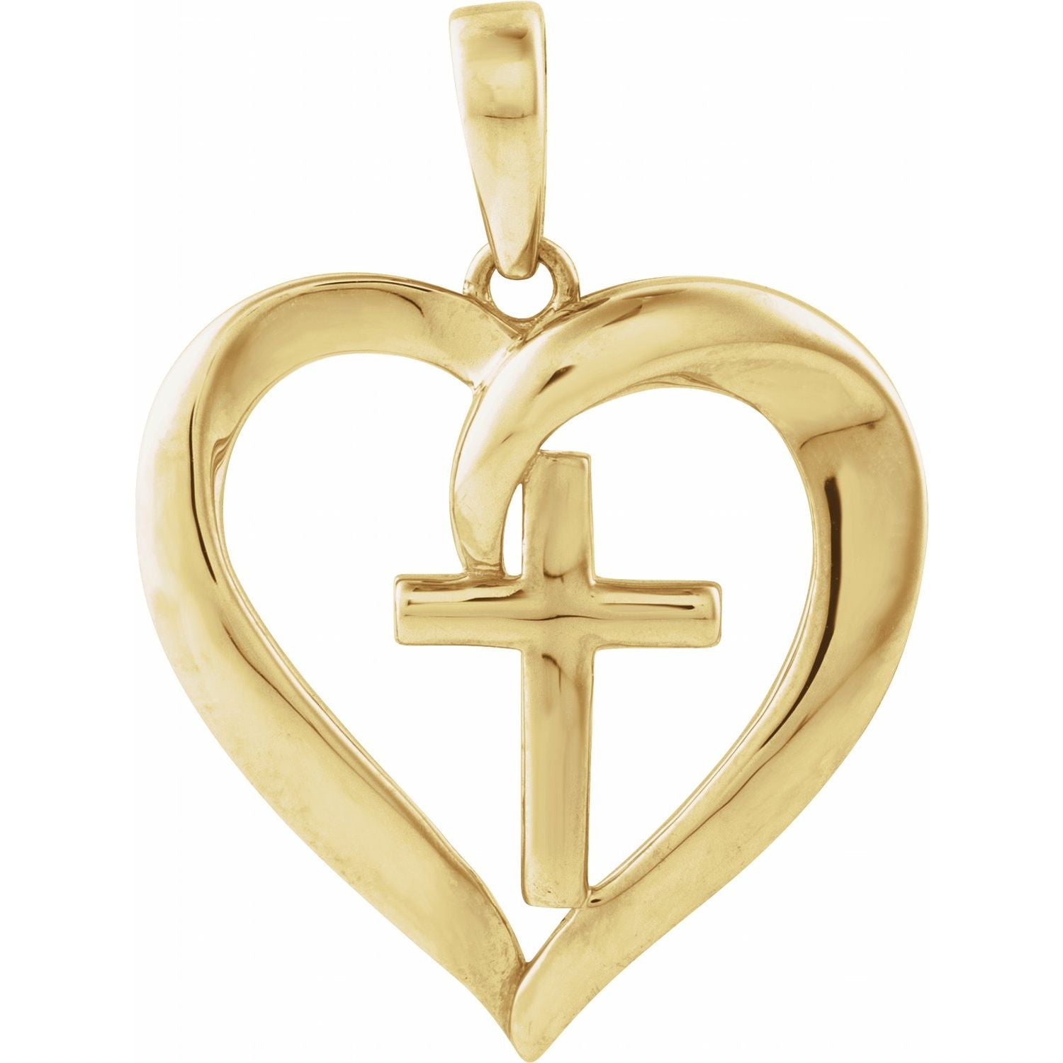 Ribbon Heart Gold Cross Necklace pendant in 14K Yellow Gold, shown without its chain