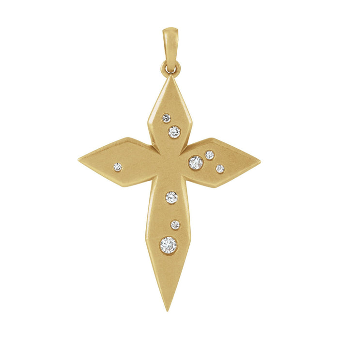 14K Yellow Gold satin-finished pointed-lozenge cross — Satin Lozenge Diamond Cross Necklace, pendant shown without its chain