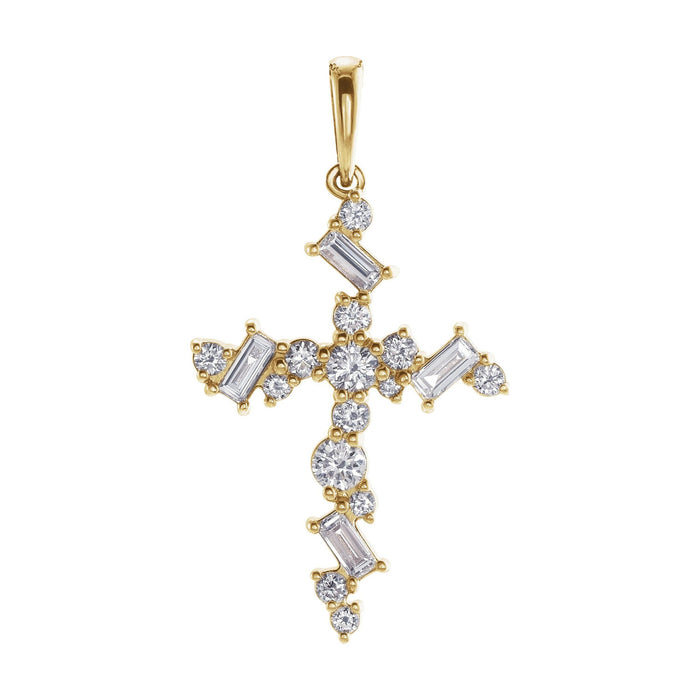 14K Yellow Gold asymmetric scattered-set cross — Scattered Diamond Cross Necklace, pendant shown without its chain