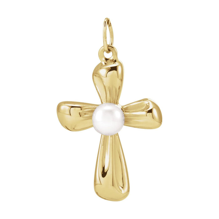 14K Yellow Gold swollen-lobe sculptural cross with cultured pearl centre — Sculpted Lobe Pearl Cross Necklace, pendant shown without its chain