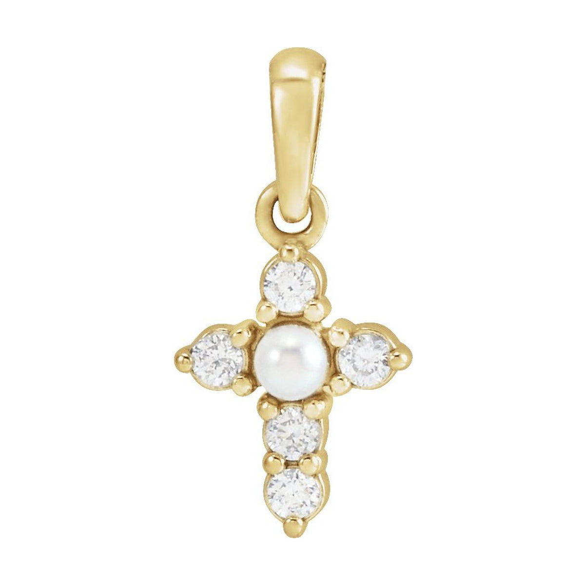14K Yellow Gold petite pearl-centre cross with diamond arms — Seed Pearl and Diamond Cross Necklace, pendant shown without its chain