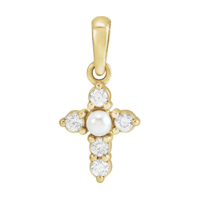 14K Yellow Gold petite pearl-centre cross with diamond arms — Seed Pearl and Diamond Cross Necklace, pendant shown without its chain