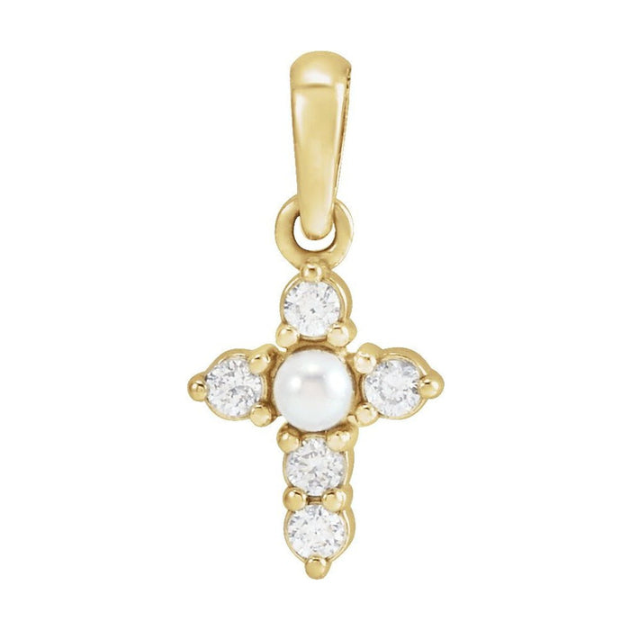 Seed Pearl and Diamond Cross Pendant in 14K Yellow Gold