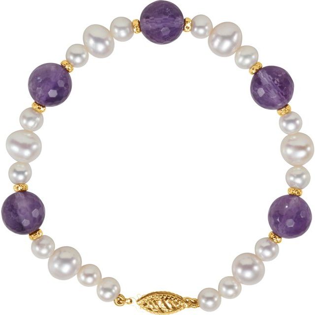 amethyst & cultured pearl station bracelet in 14k yellow gold