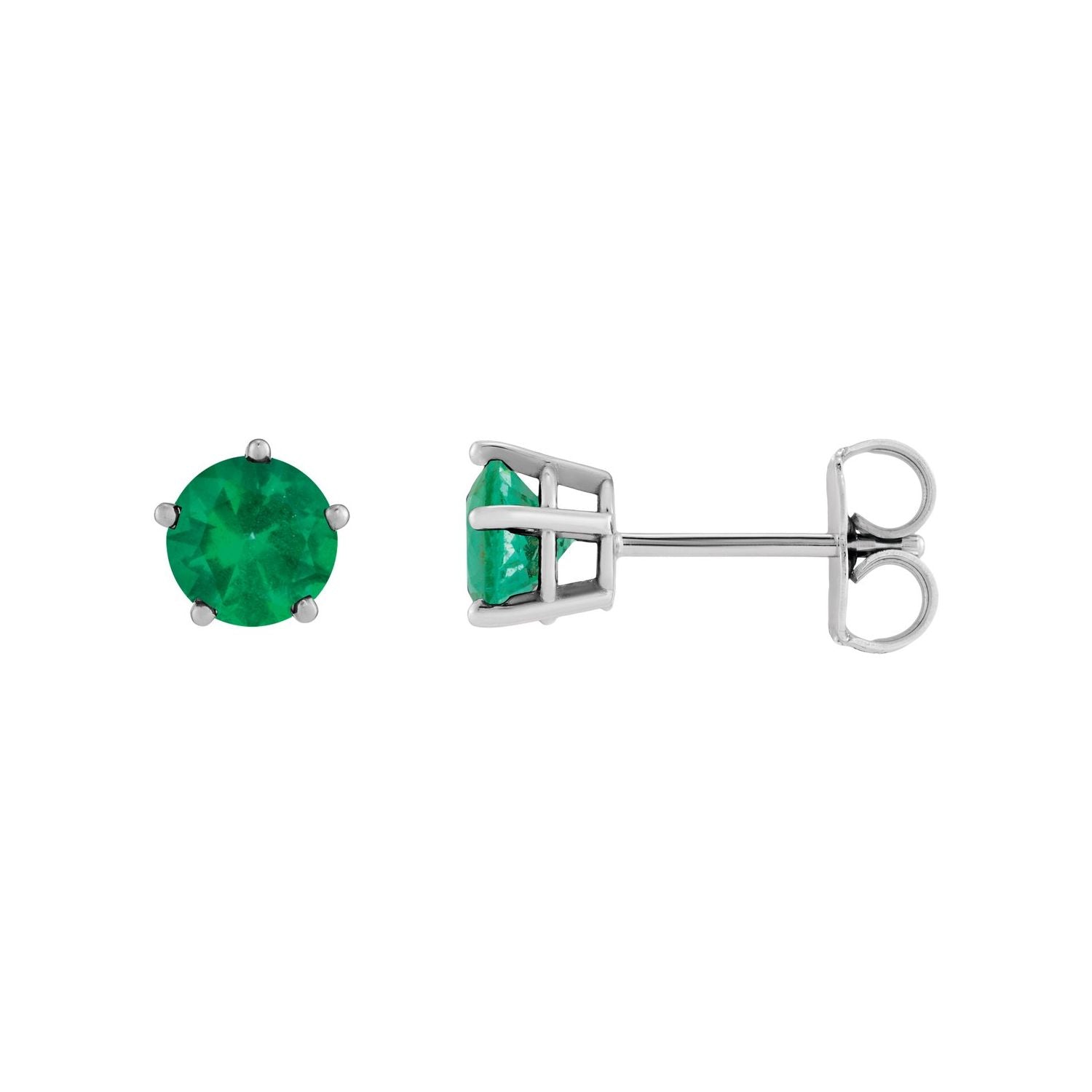14K White Gold five-prong round natural emerald solitaire stud earrings
