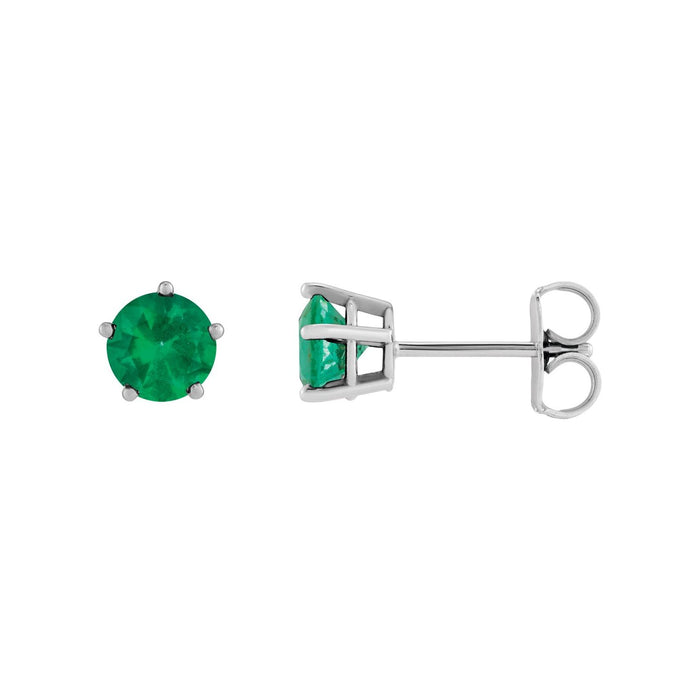 14K White Gold five-prong round natural emerald solitaire stud earrings