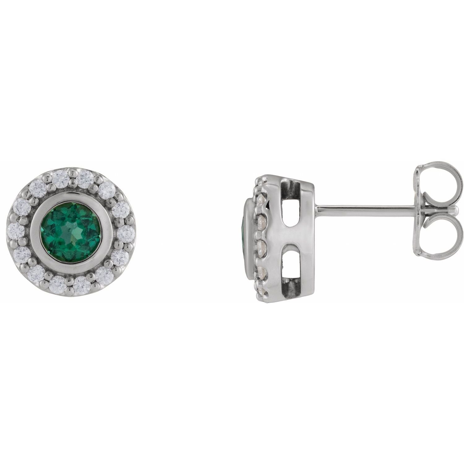 14K White Gold round lab-grown emerald drop stud earrings