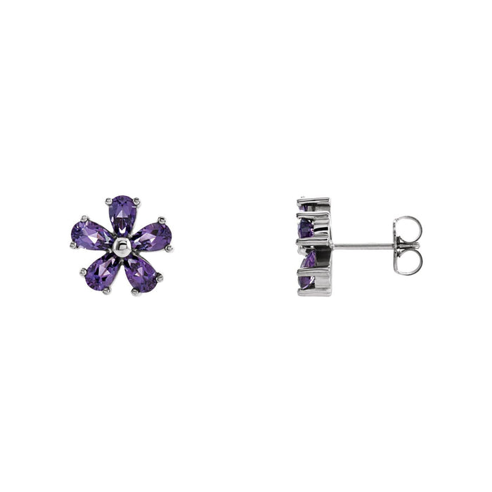 14K White Gold amethyst pear floral cluster earrings
