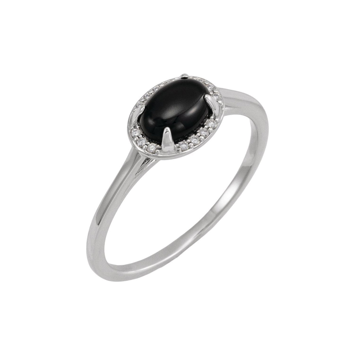 Black Onyx & Diamond Oval Halo Ring in 14K White Gold - natural black onyx