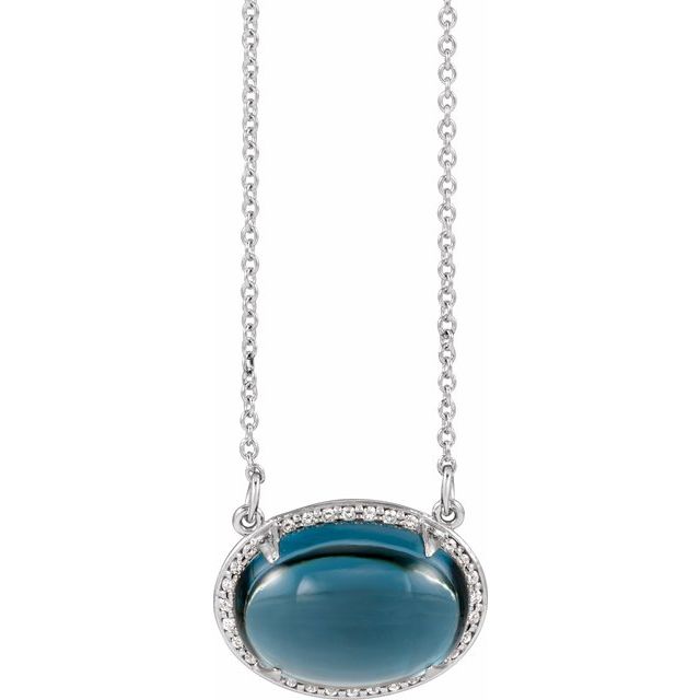 december london blue topaz oval diamond-halo necklace in 14k white gold