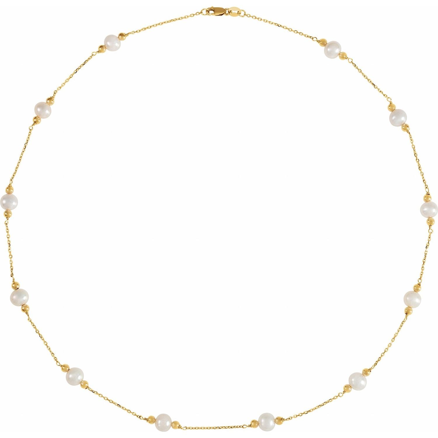 Freshwater Pearl & Bead Station Necklace in 14K Yellow Gold