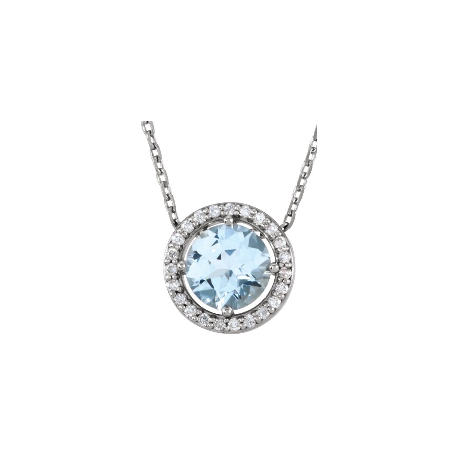 Aquamarine & Diamond Halo Necklace 16" (0.05 ctw) in 14K White Gold