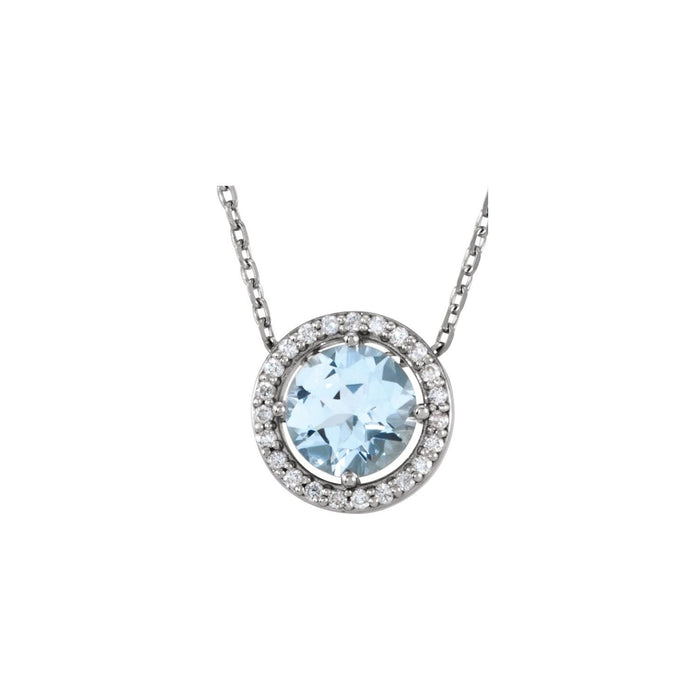 Aquamarine & Diamond Halo Necklace 16" (0.05 ctw) in 14K White Gold