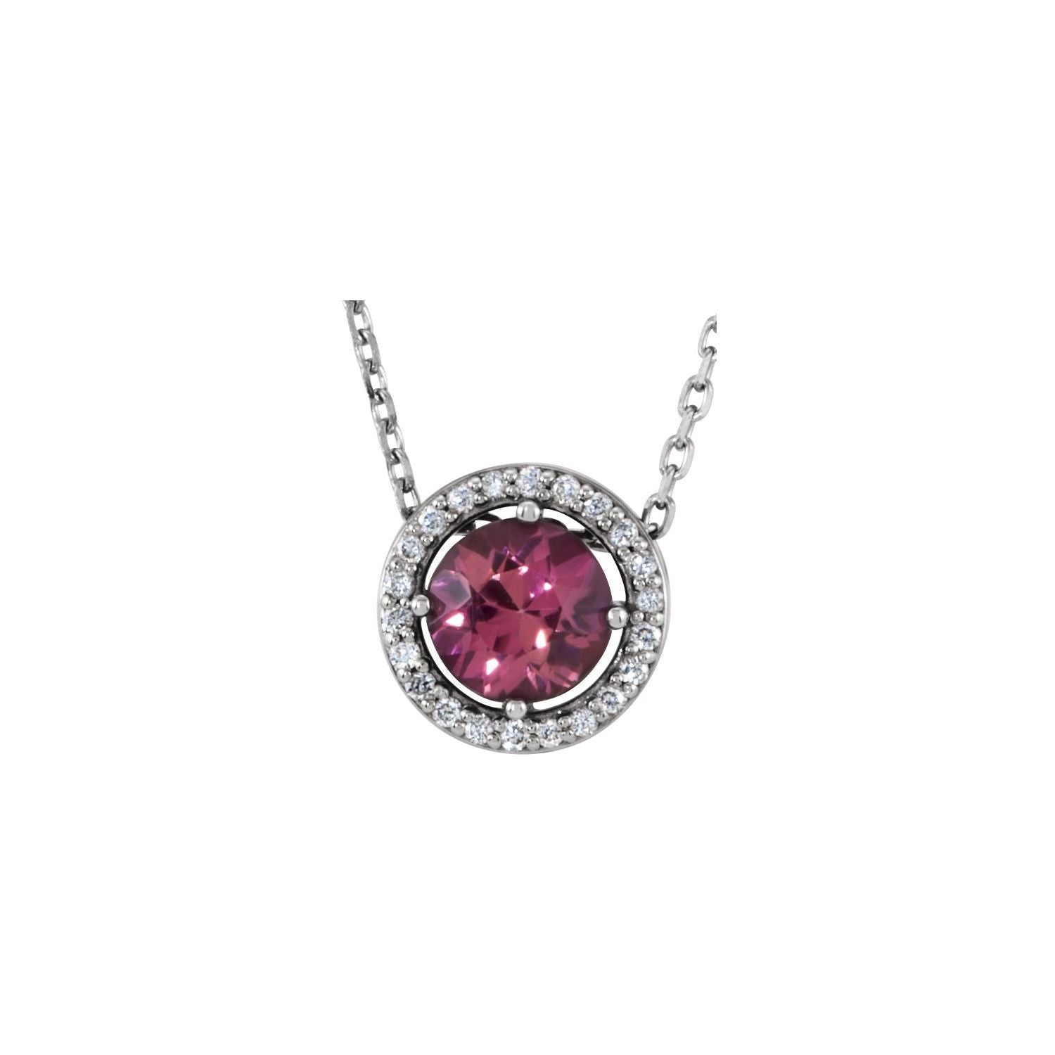 Pink Tourmaline & Diamond Halo Necklace (0.05 ctw) in 14K White Gold