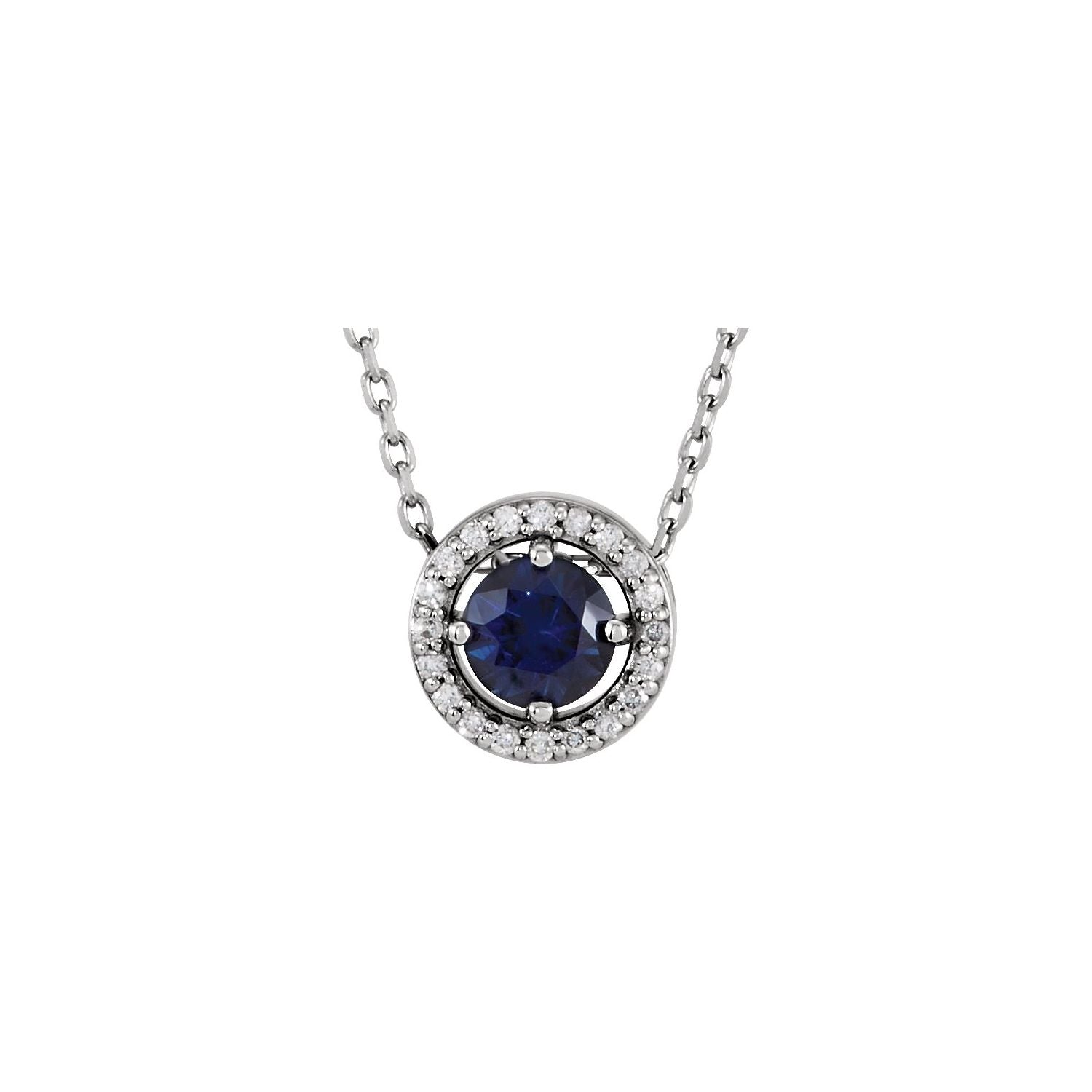 Blue Sapphire & Diamond Halo Necklace 16" (0.05 ctw) in 14K White Gold